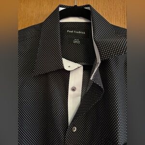 Paul Fredrick Classic Fit Men’s Black Dress Shirt w White Dots. Non-iron 16x35